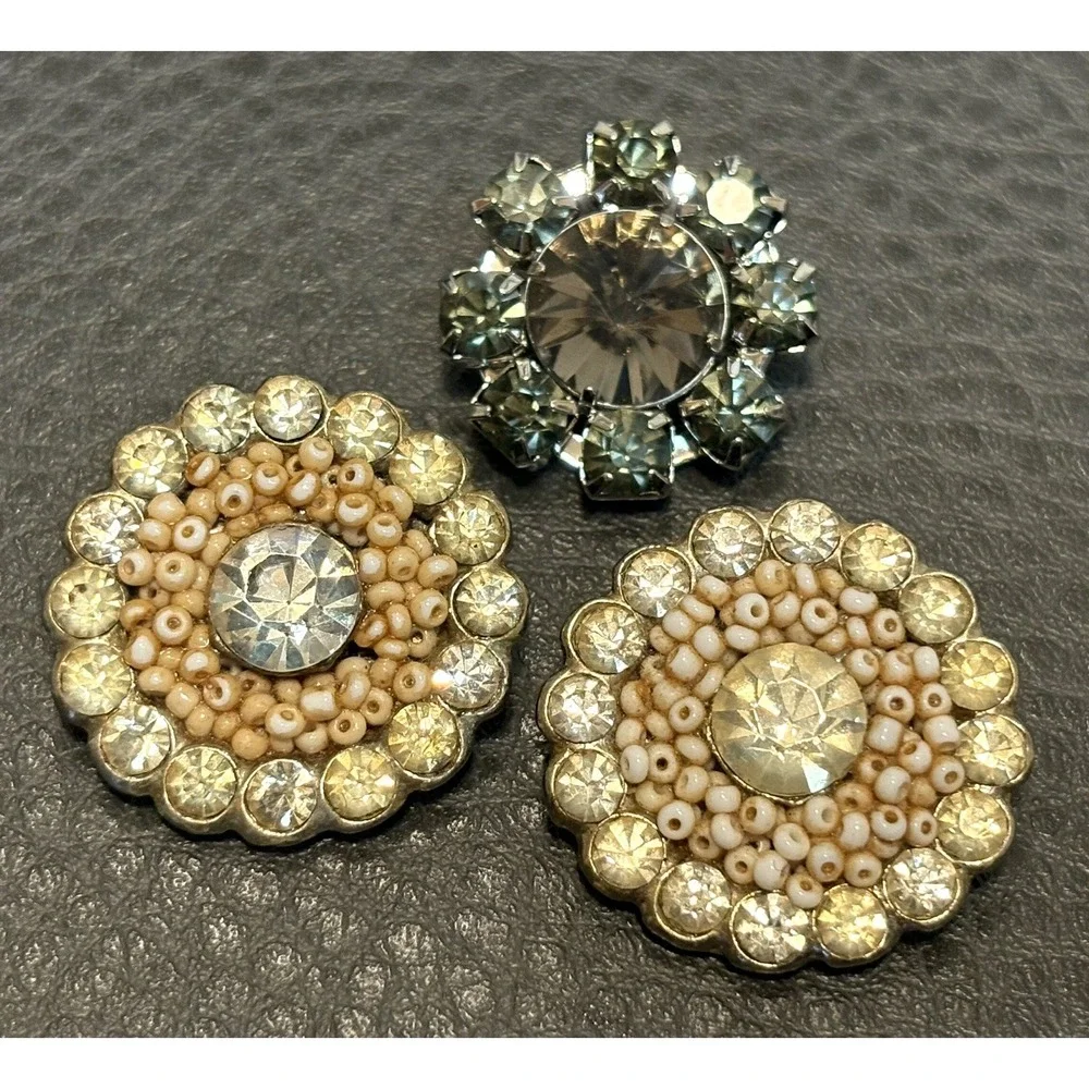 Vintage Lot Of 3 Crystal Rhinestone Buttons Some With Seed Bead Accents